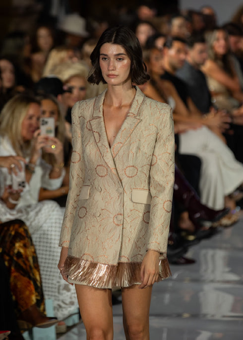 French Lace Jacket Dress with Bronze Fringe Hem
